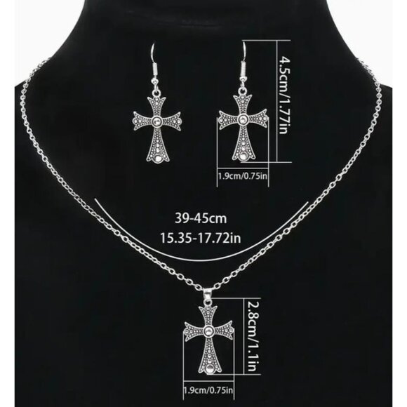 Silver Tone Cross Necklace &‎ Earrings Set NEW - Picture 3 of 3
